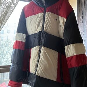 Tommy Hilfiger Red, Black & Cream Colorblock Puffer Jacket